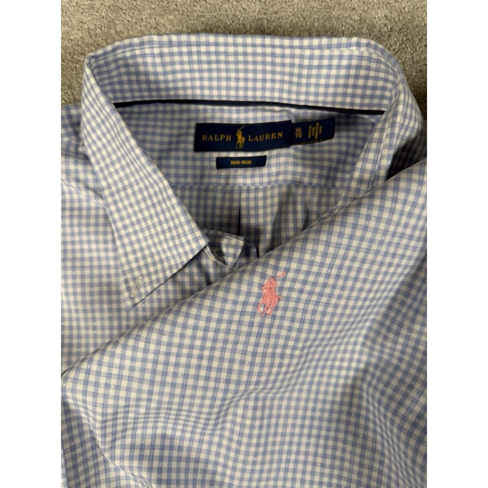 Ralph Lauren Men's XL Non-Iron Blue White Dobby Gingham Check Button Pony Nwot